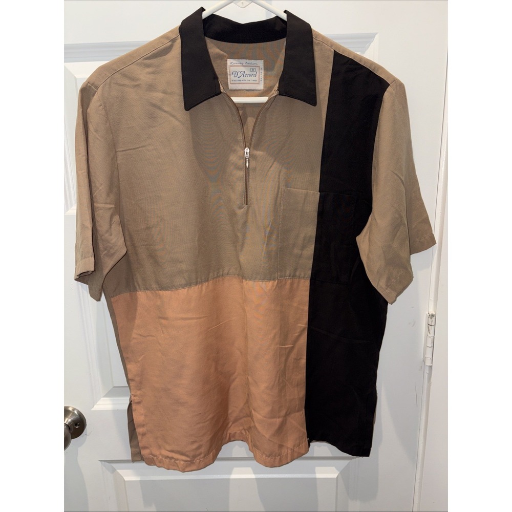 D'Accord Luxury Edition Shirt Mens Medium Black Tan Colorblock Cuban Casual Top